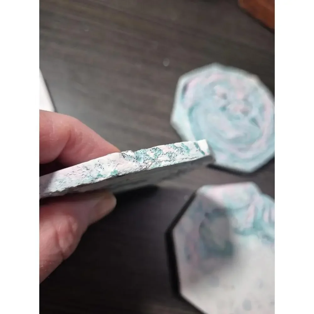4 Teal/Pink White Marbled Eco Resin Stone Look Hexagon Coasters 4” Handmade